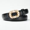 New Women's Belt Inlaid with Pearl Rhinestone Round Buckle Decorative Strap Versatile Women's Genuine Leather Smooth Buckle Belt