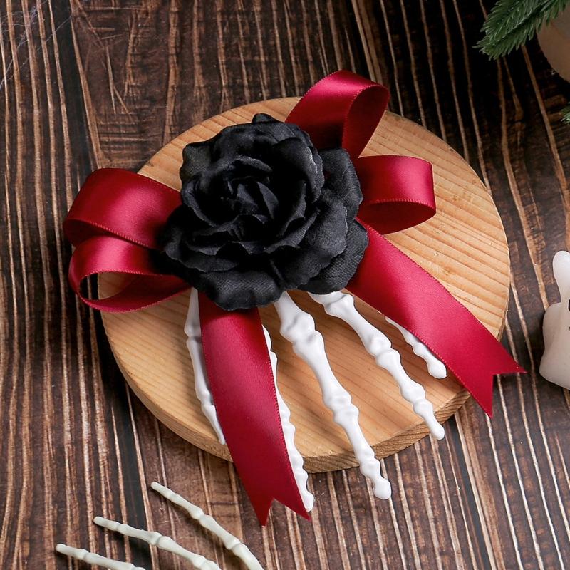 1pc Haunted Style Skeleton Hand Hair Clip Contrast Rose Bows Practical Plastic For Themed Dressing Up Event
