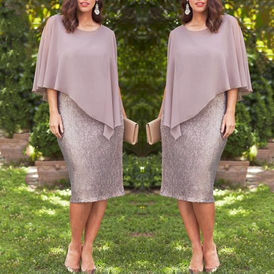 Леди Нижние Юбки Плюс Размер Элегантные Женщины Плюс Размер О-Образным Вырезом Шифон Лоскутное Двухслойное Платье-Карандаш Миди