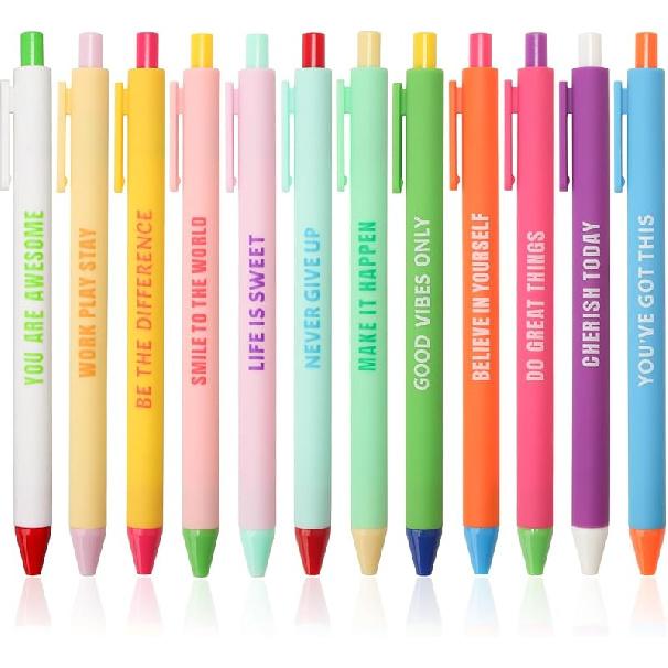 CAIGANS&CM 12 Pcs Motivational Retractable Ballpoint Pens with Positive Affirmations - Funny pirational Quote Pens for Office, School, Home (Bulk