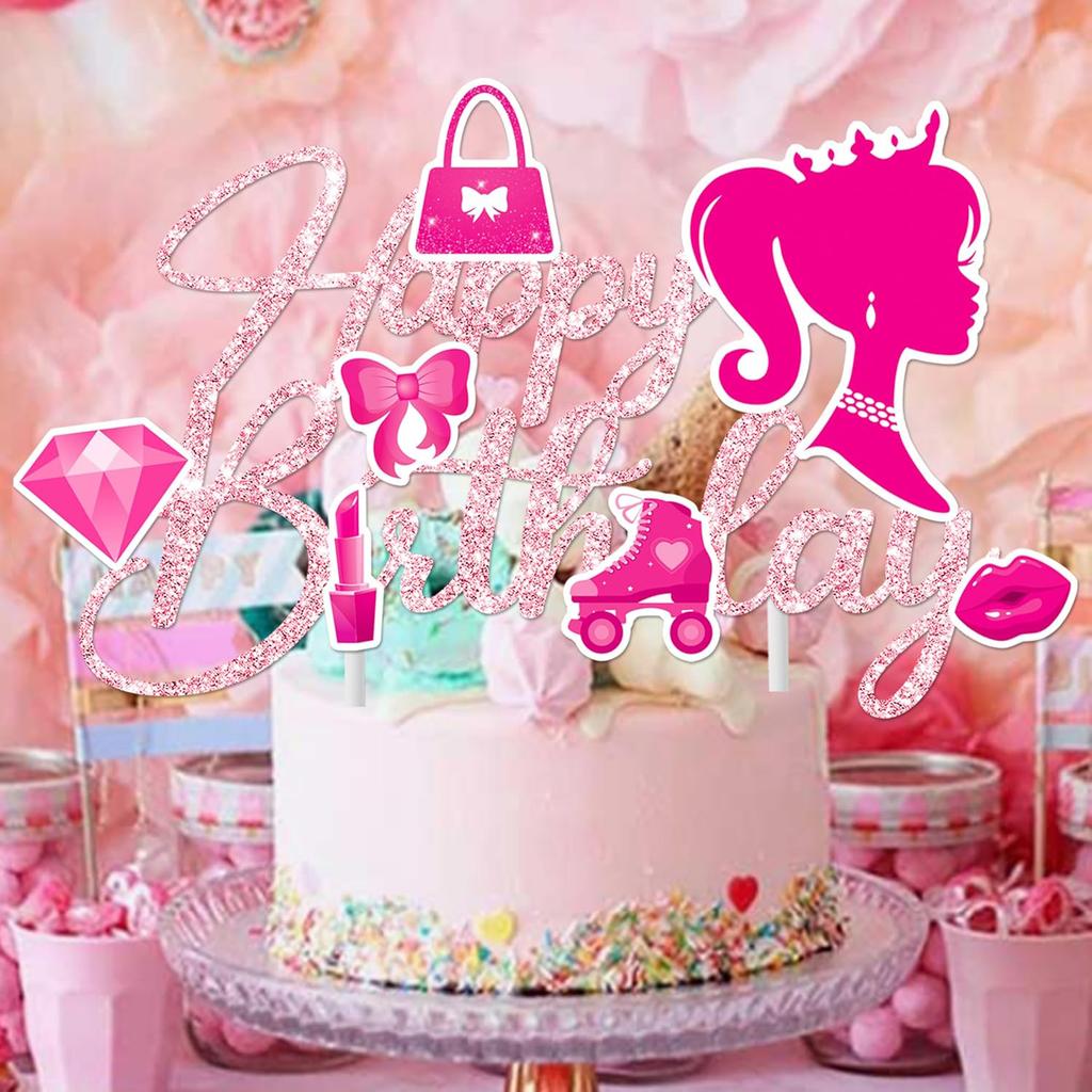 Hot Pink Princess Happy Birthday Cake Topper Pink Birthday Party Decoration for Girls Women Birthday Bridal Shower Bachelorette