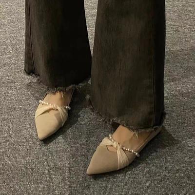 Туфли женские весенние Slip on милые женские туфли на плоской подошве однотонные с острым носком и отделкой из флока и бисера с неглубоким вырезом женские