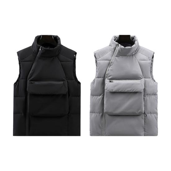 Мужской пуховик с воротником-стойкой, без рукавов, косая застежка-молния, жилет, пальто с передними карманами, однотонное хлопковое пальто