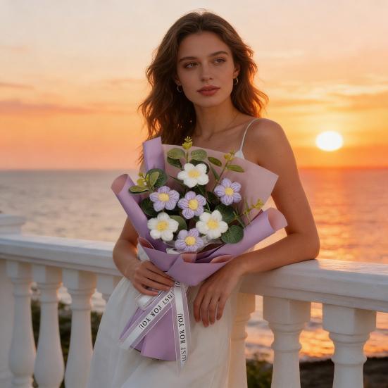 Искусственные цветы Ручной работы Вязаный крючком букет цветов Мягкая хлопковая пряжа Не требует ухода Гибкие стебли Искусственный цветок День святого Валентина Свадебное украшение