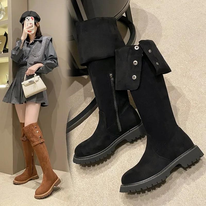 Мода 2024 года, новые винтажные коричневые ботинки в стиле вестерн, осенне-зимние замшевые ботинки с высоким рукавом, толстые каблуки выше колена, женские сапоги
