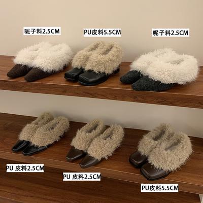 Корейская версия плюшевых туфель с квадратным носком, одинарные туфли женские 2025, теплые хлопковые туфли, французский толстый каблук, ретро черные туфли из маленькой кожи