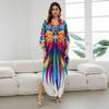 Women's Boho Cover Up, Plus Size Contrast Loose Fit Vacay Beach Kaftan Dress