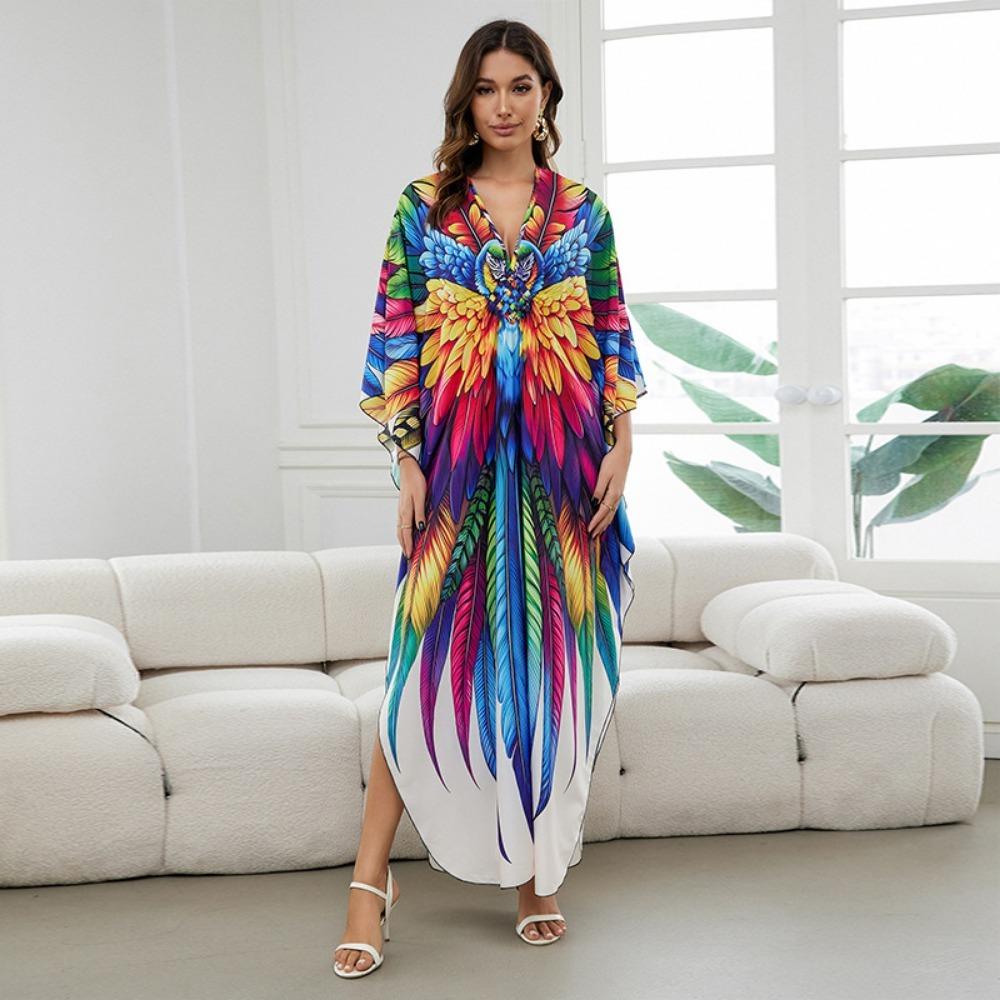 Women's Boho Cover Up, Plus Size Contrast Loose Fit Vacay Beach Kaftan Dress