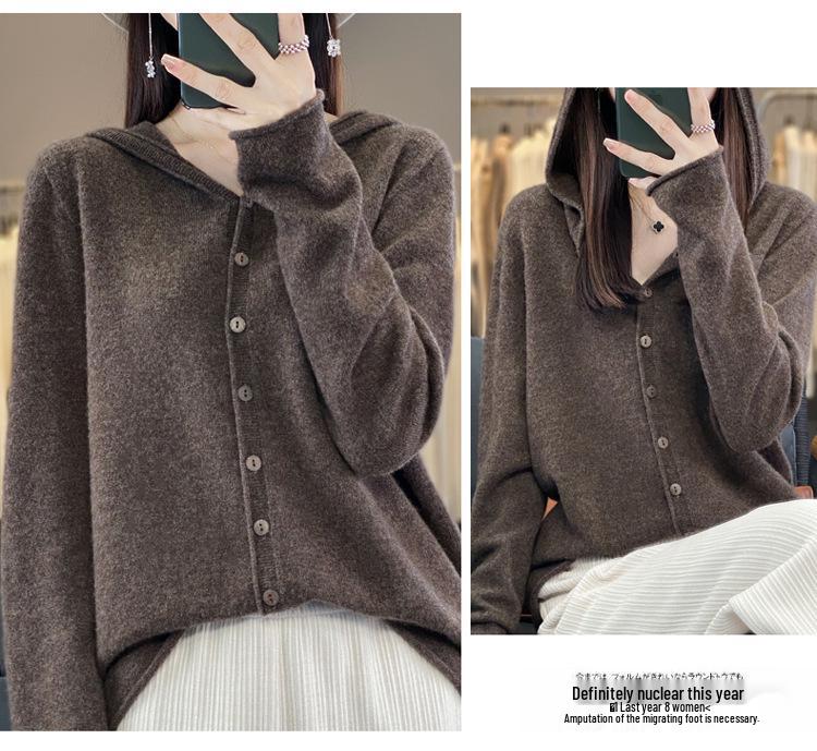 Women's 100% Wool Hooded Cardigan - Versatile Autumn/Winter Pure Color Knit Jacket