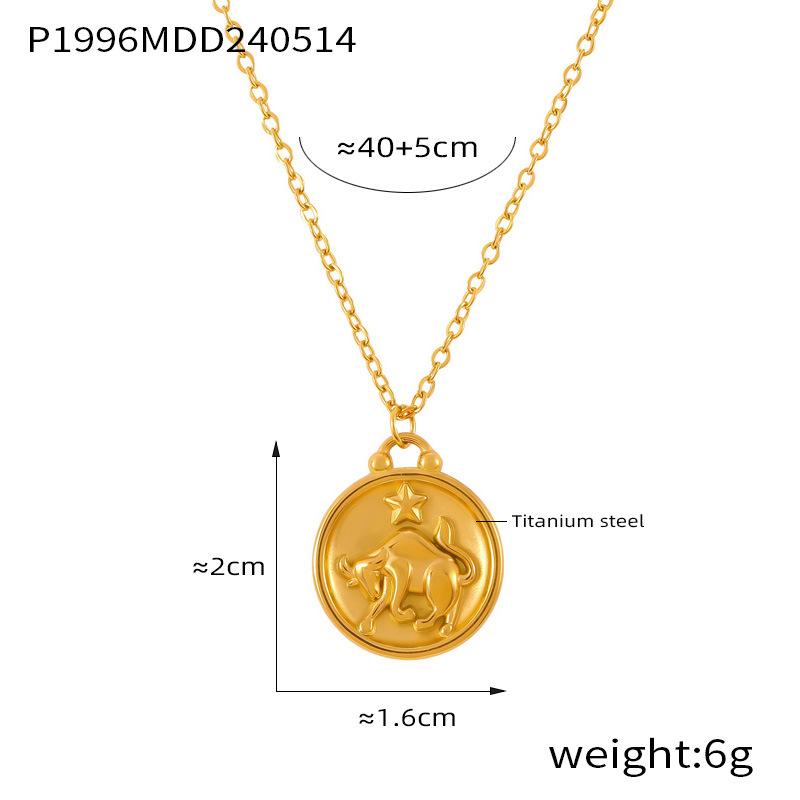 Fenny Fashion Embossed Stars 12 Constellations Round Brand Pendant Necklace 18K Gold Plated Stainless Steel Jewelry
