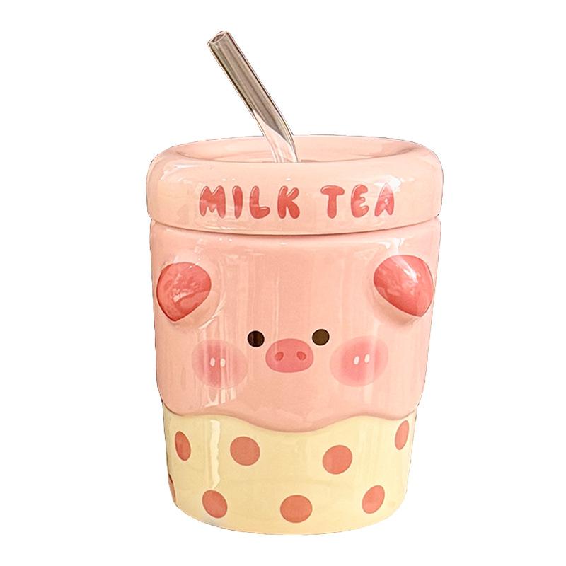 Cute Polka Dot Animal Ceramic Straw Cup with Lid Children's Household Cup  Girly Heart Creative Gift Souvenir