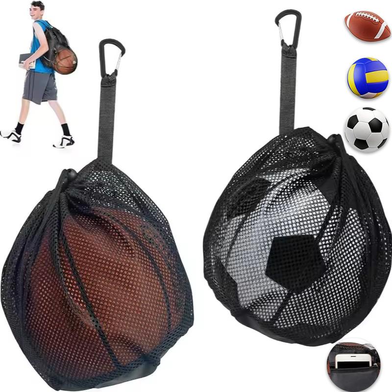 Single Ball Bag for Basketball Soccer Volleyball, Mesh Storage with Zipper Pocket, Adjustable Drawstring Ball Bag with Clip