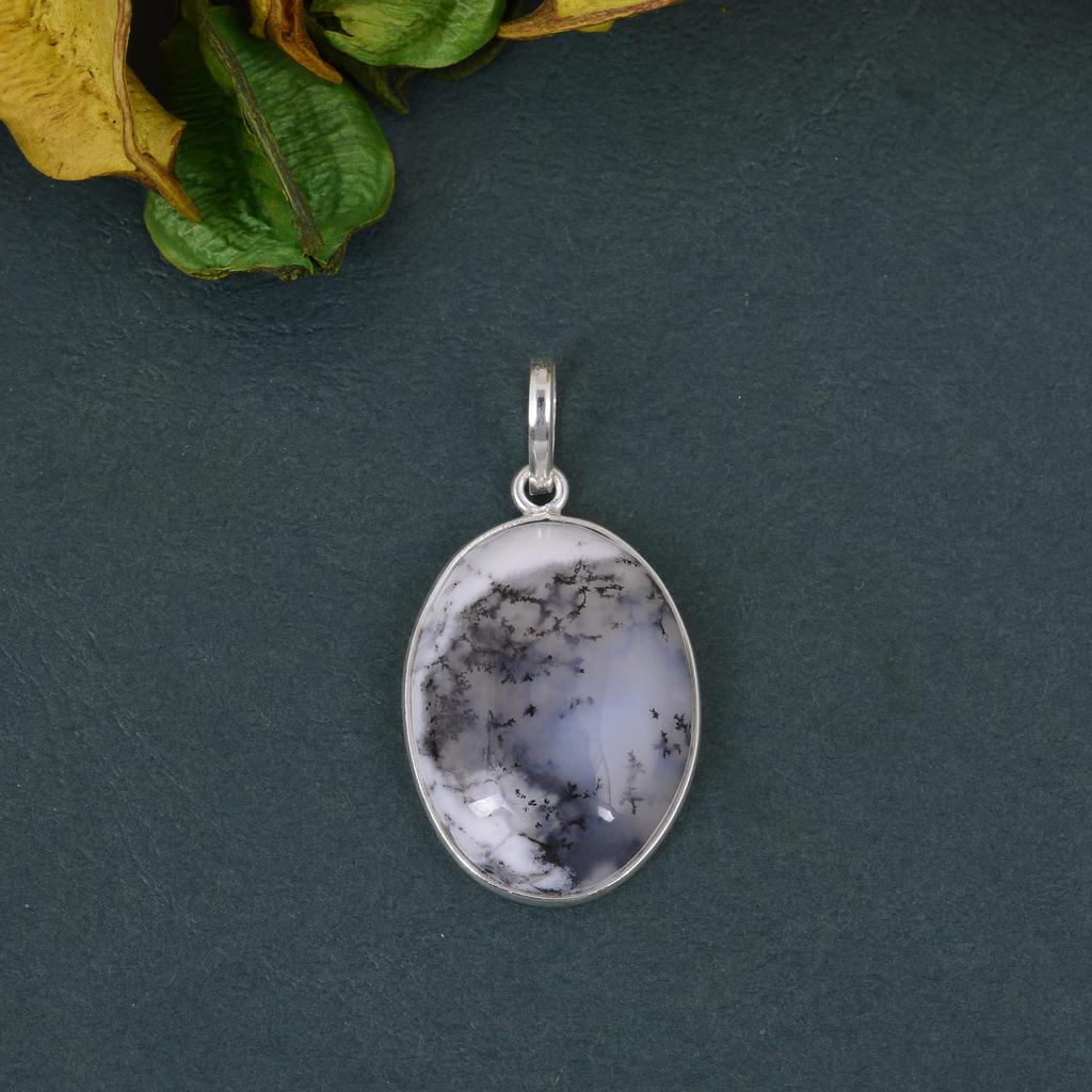 925 Sterling Silver, Dendritic Agate Gemstone Pendant, Healing Pendant, Oval Pendant, Gift For Her, Wedding Gift, Silver Jewelry, Reiki Pendant