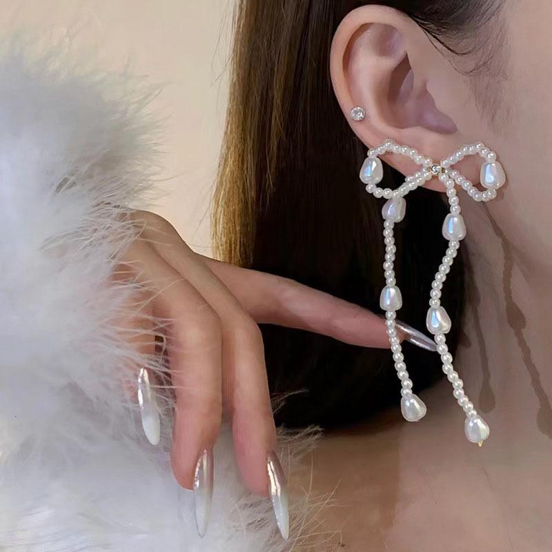 Корейские серьги-подвески с жемчугом и бантом, ручная работа, длинные серьги с жемчужными бусинами для женщин, свадебные украшения, серьги-подвески с темпераментом
