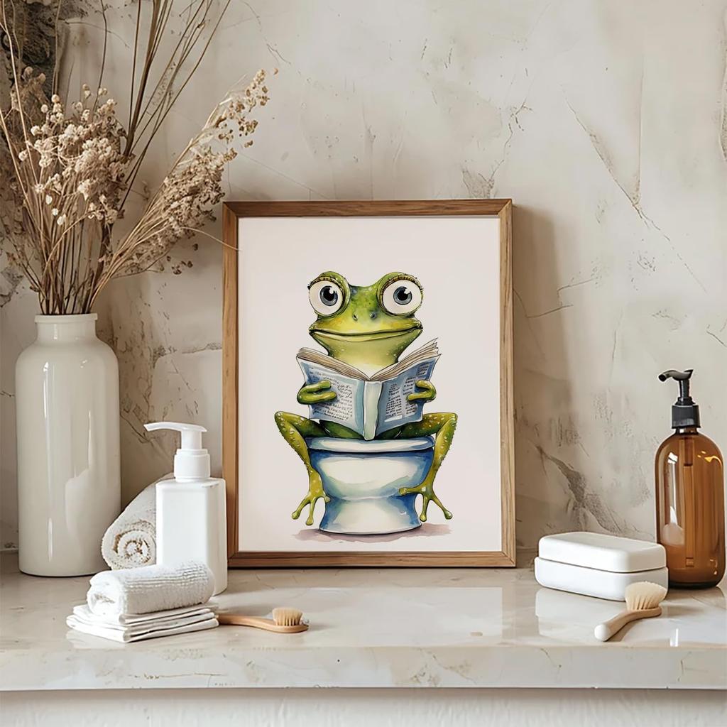 GMLXCX Funny Frog Bathroom Decor Wall Art, Cute Frog Sitting on Toilet Decor Art Poster, Funny Bathroom Sign Canvas Print Set of 3 (8''x10'',