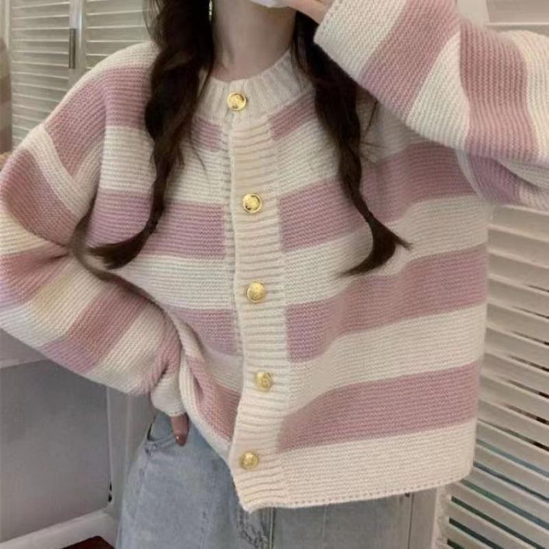 Полосатый Короткий Женский Вязаный Кардиган Круглый Вырез Однобортный Женский Мягкий Свитер Модный Повседневный Женский Пиджак в Корейском Стиле