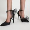 2024 New Pointed Buckle with Hollow Women's Sandals Fashion Mesh Bow Satin Summer High-heeled Party Dance Shoes