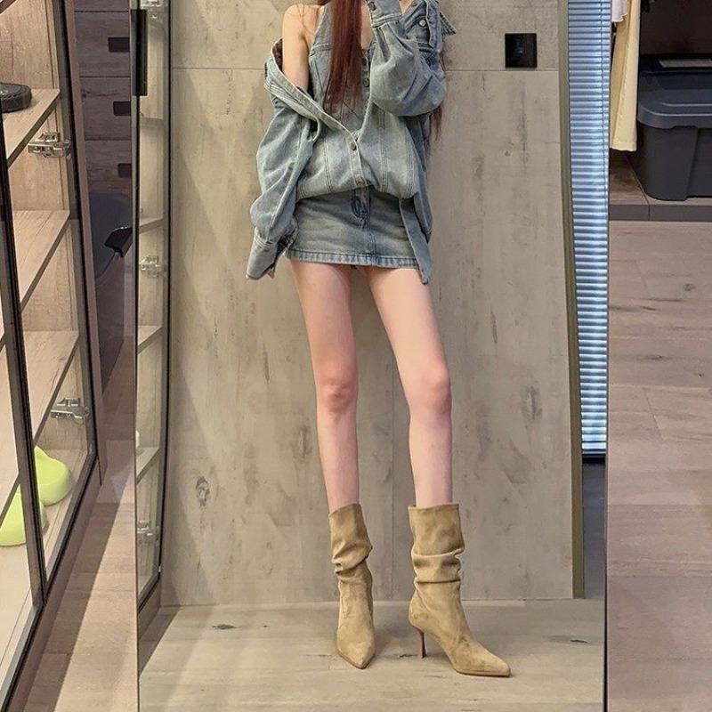 Модные замшевые плиссированные ботфорты с острым носком на высоком каблуке, облегающие сапоги женские осень/зима 2025, ретро ботильоны-стилет средней длины