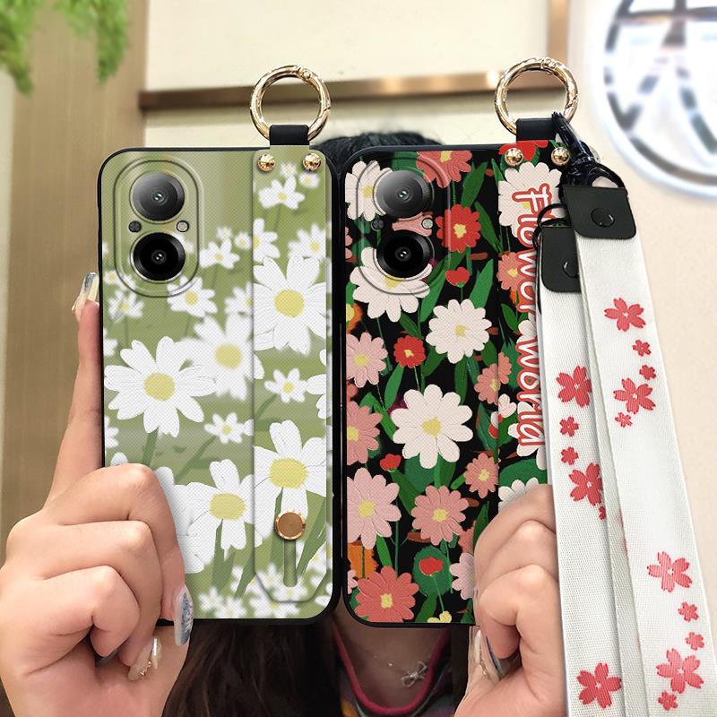 Fashion Design Ring Phone Case For Realme C67 4G Back Cover Kickstand Wrist Strap Anti-dust Anti-knock Soft Case Flower
