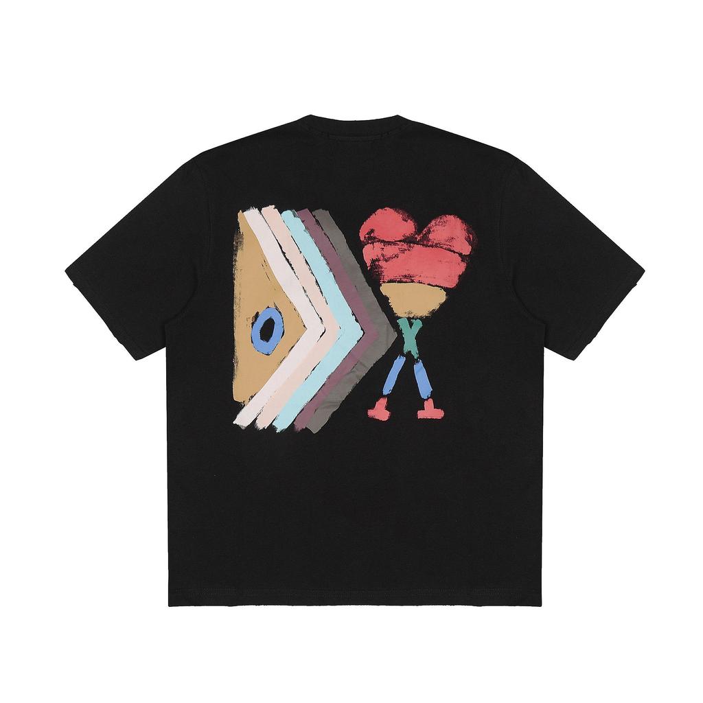 AMI 2025 Лето Новая Свободная Большого Размера Мужская Футболка из Чистого Хлопка с Принтом