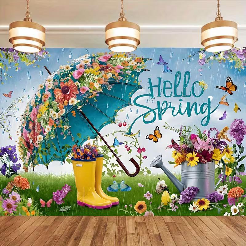 2D Hello Spring Backdrop with Umbrella and Flowers Photography Background Cloth
