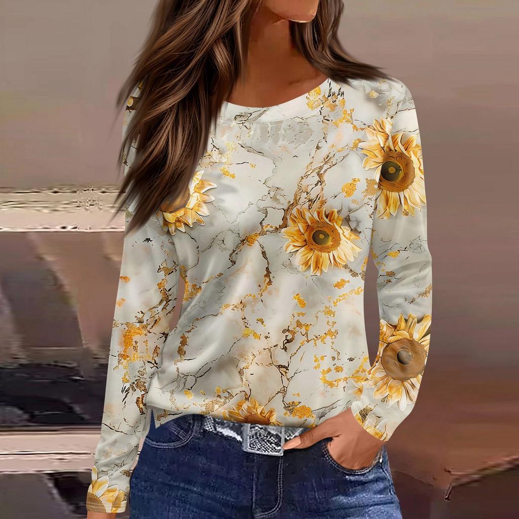 Женская модная повседневная свободная футболка с принтом и круглым вырезом с разрезом и длинным рукавом, женский топ