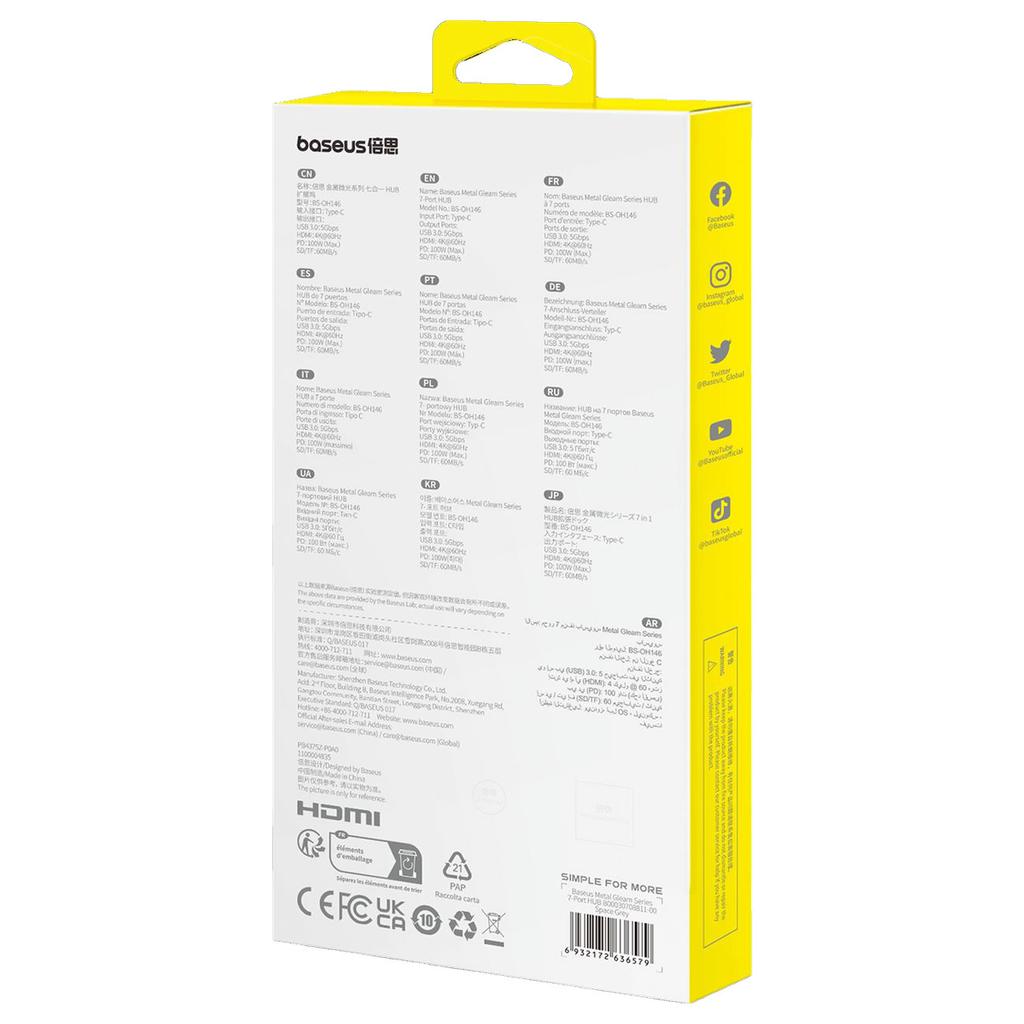 Baseus 7-in-1 Metal Gleam USB-C Hub: Power Delivery, 4K HDMI, USB 3.0 Ports, SD/TF Card Slots – Grey