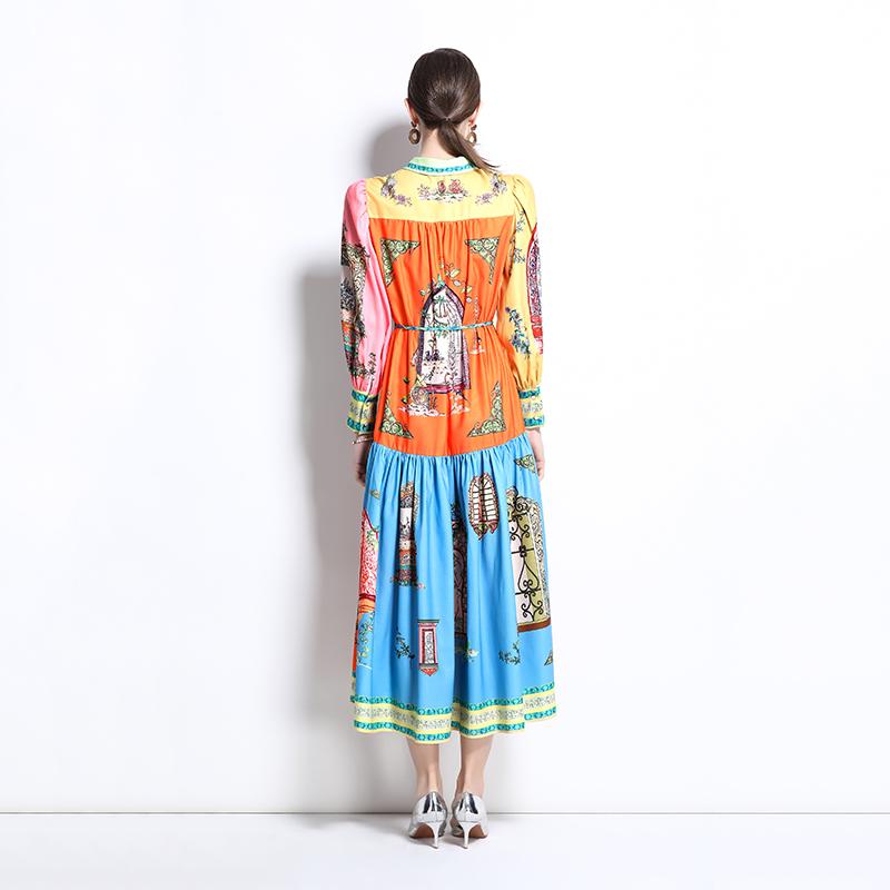 Spring Summer Women Turn-down Collar Shirt Vintage Print Oversize Long Loose Party Dresses