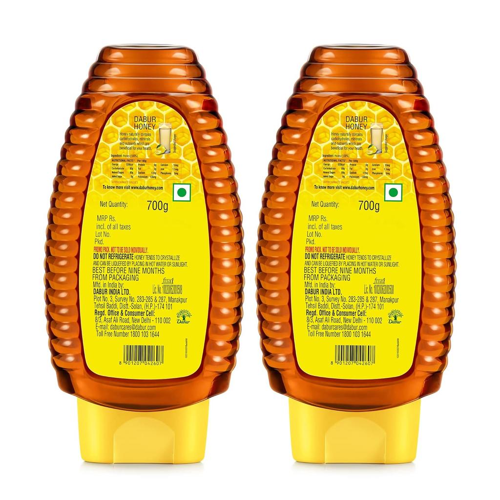 Dabur Мед в мягкой упаковке, 2 штуки (700 г Каждый) | 100% Чистый Натуральный Мед | Без Фальсификации Сахаром | Богат Антиоксидантами | Поддержка Иммунитета и Фитнеса