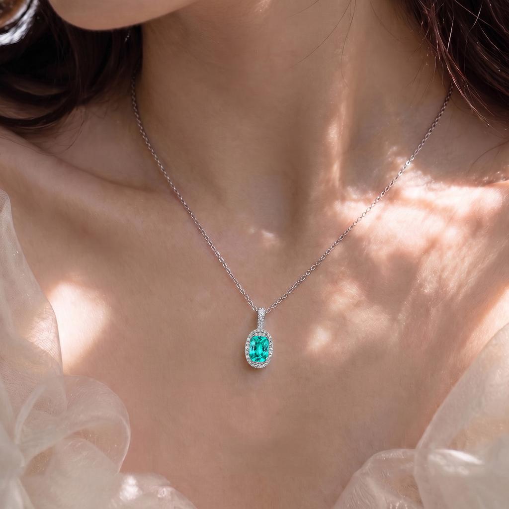 Sparkling Paraiba Laboratory Cultivates Diamonds S925 Silver Collarbone Necklace, Women's High-end Pendant Jewelry Gift