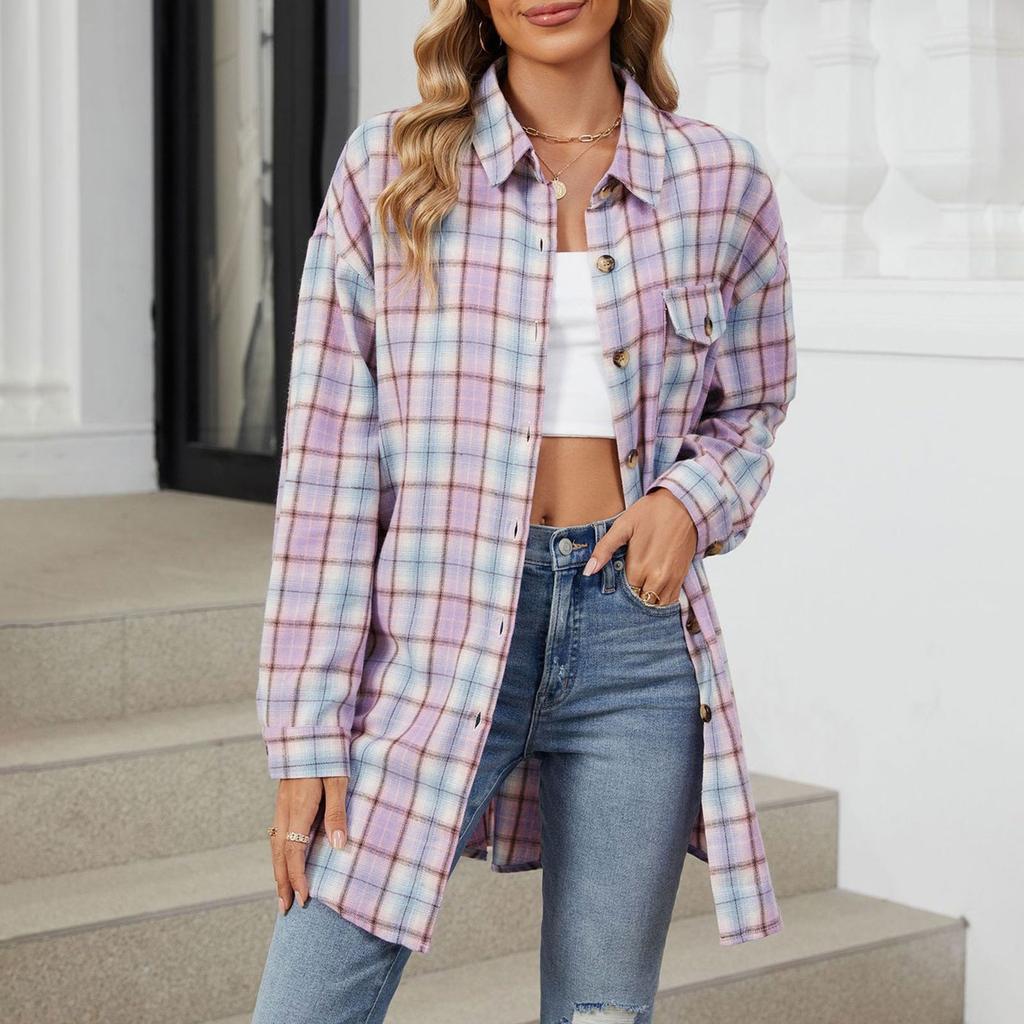 Женская модная широкая клетчатая куртка-рубашка с длинными рукавами и карманами на пуговицах