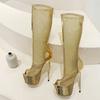Fashion Liyke Sexy Peep Toe Gold Heels Stripper Pole Dance Platform Boots For Women Zip Fashion Mesh Knee High Shoes Female Botas Mujer