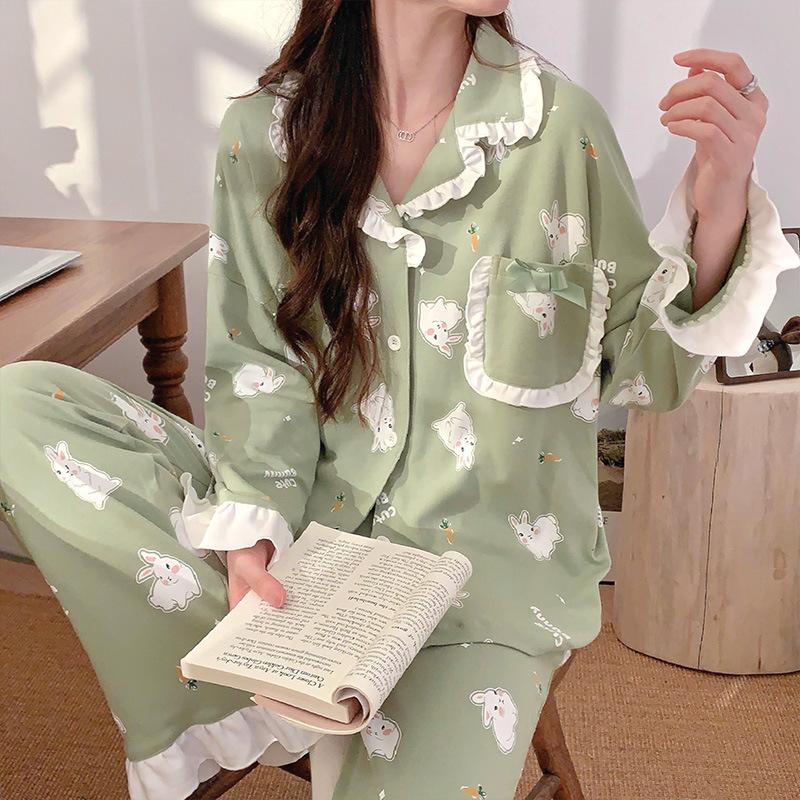 Women's Cardigan Long-sleeved Long Pants Cotton Pajamas Homewear   New Women's Cute Cartoon Comfortable Suit Can Be Worn Outside