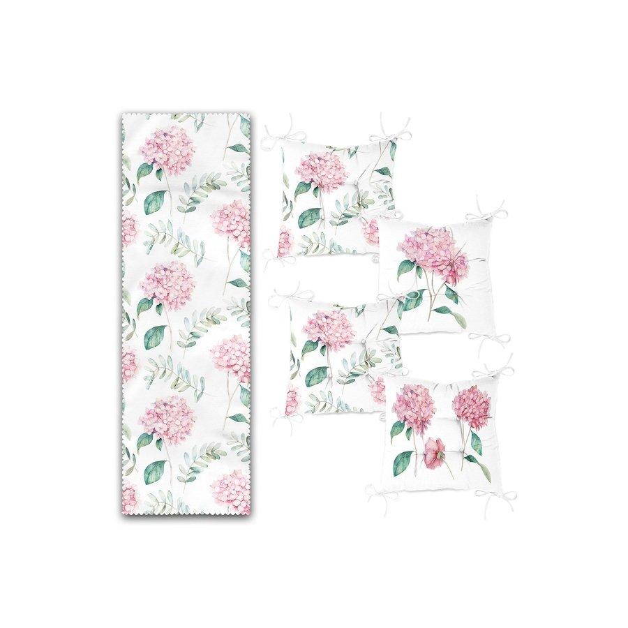 Набор подушек для стула с принтом «Цветы гортензии» / 4 квадратных подушки для стула 40 × 40 см и 1 дорожка
