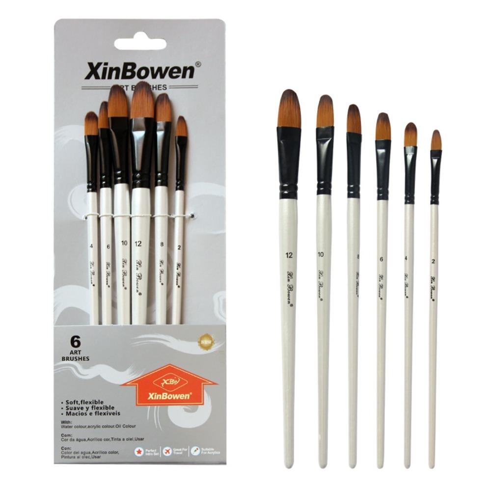 6Pcs/Set Wood Pole Hair Watercolor Brush Pearl White Art Paint Brush Nylon Hair Brush Set Beginners