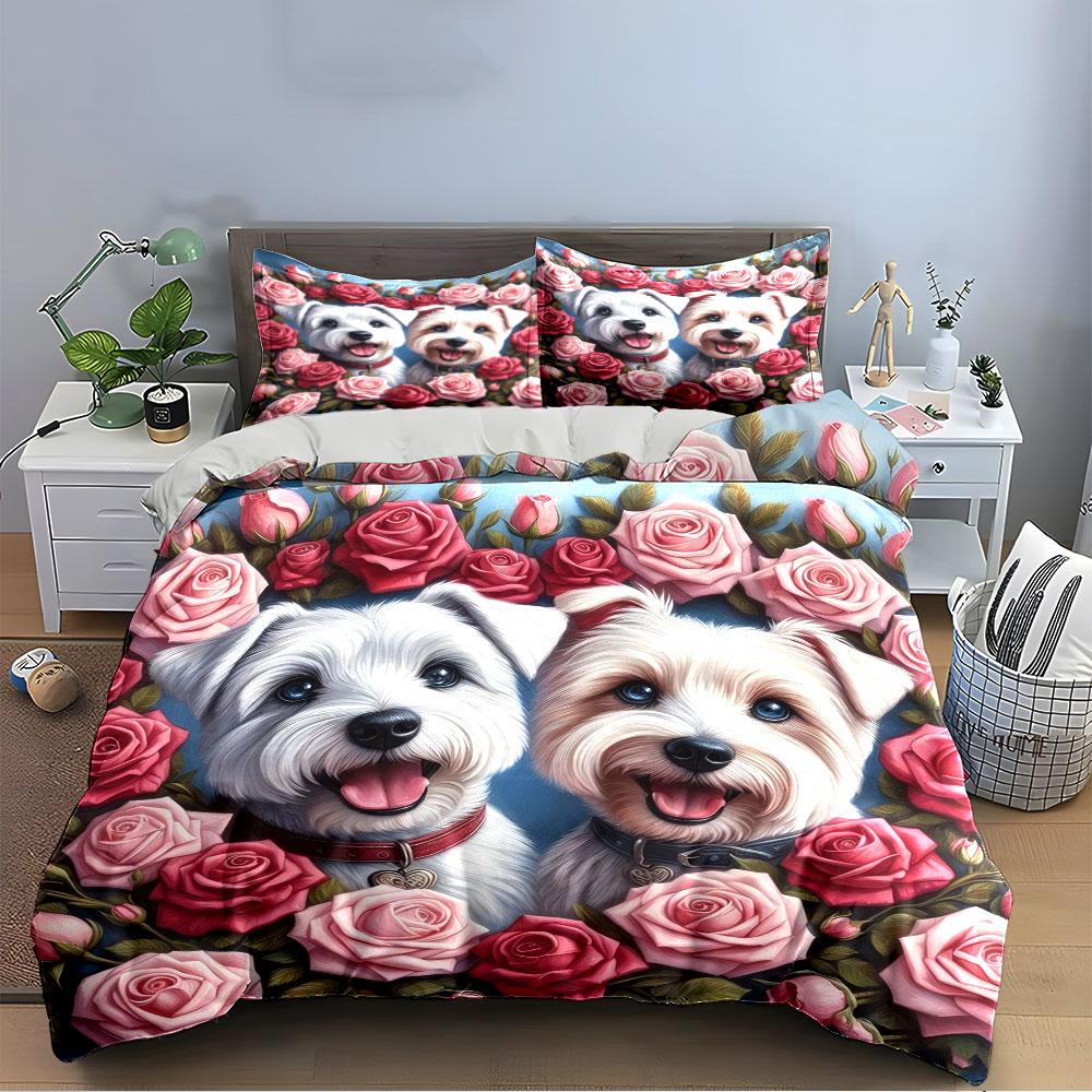 Cute Dogs with Pink Roses Bedding Duvet Cover Set (1*Duvet Cover 2*Pillowcases, without duvet insert)
