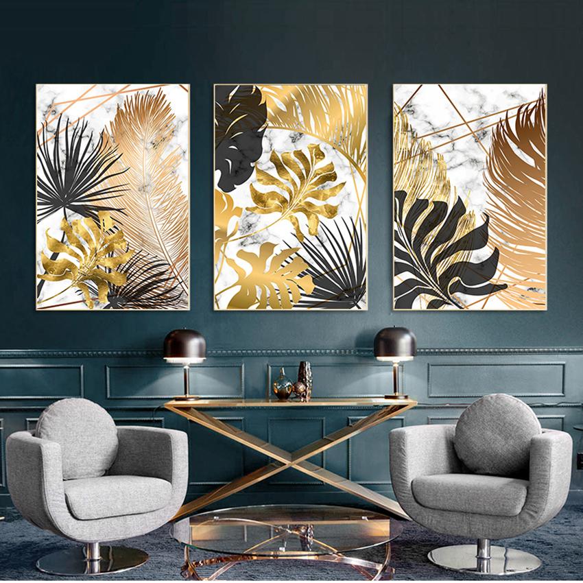 Картина на стене гостиной, спальни, декор в скандинавском стиле, растение, золотые листья, холст, декоративная живопись, искусство, абстрактный принт