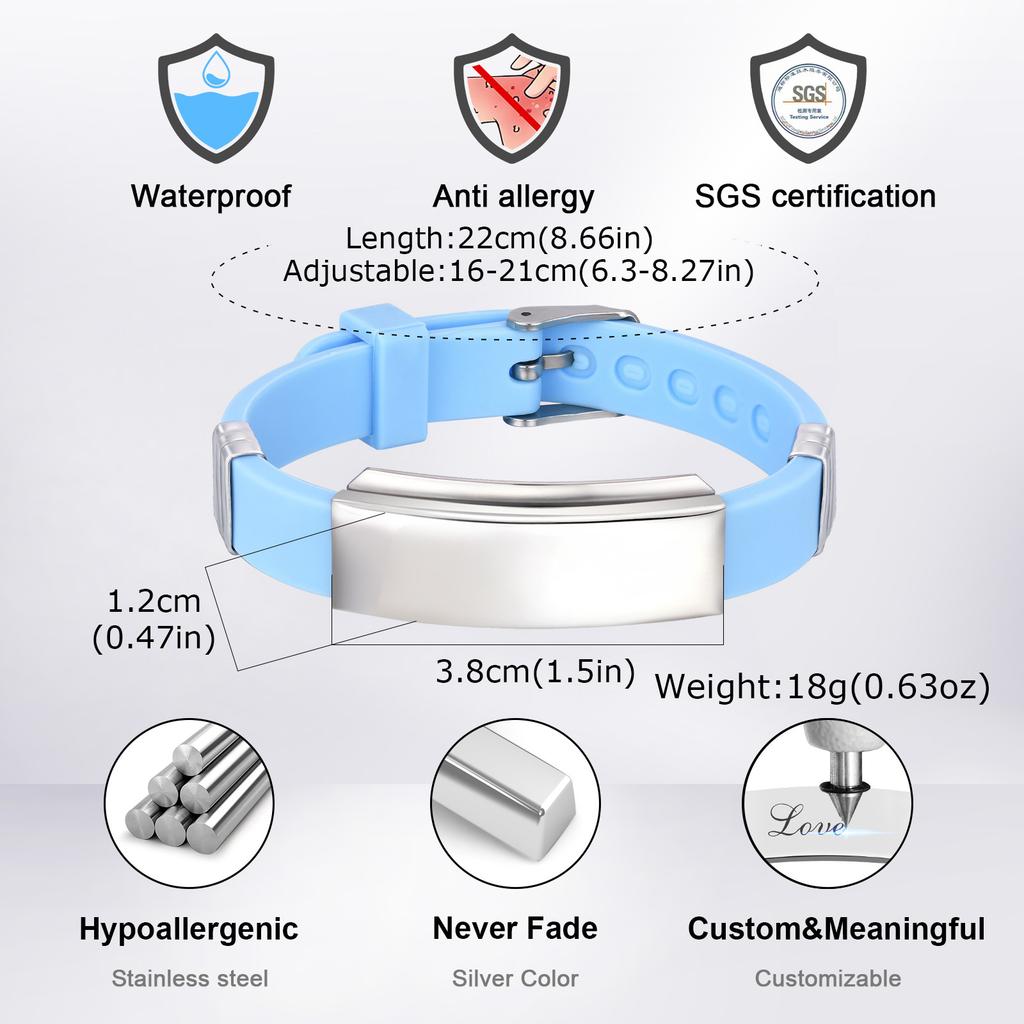 Vnox Free Customizable Engraving Adjustable Silicone Bracelet with Stainless Steel Plate, Soft Rubber Bangle Wristband for Men