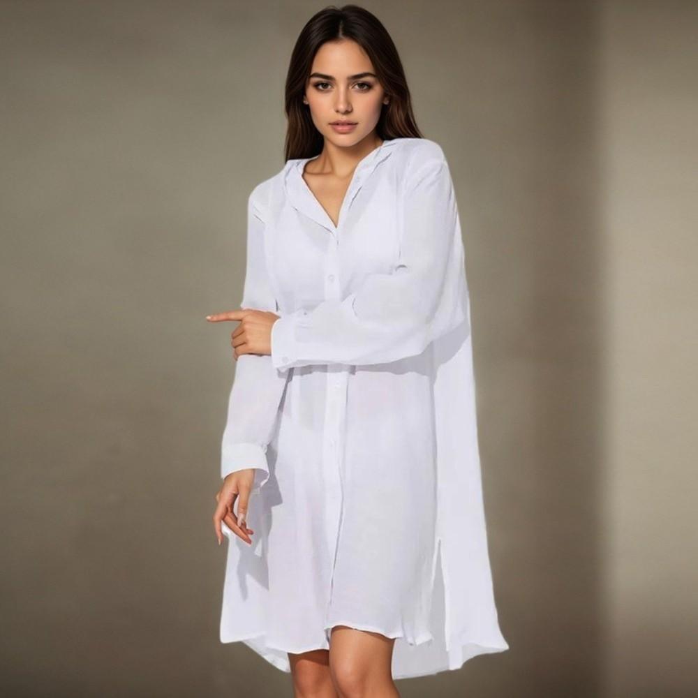 Solid Color Button Down Tunic Dress Long Sleeve Blouse Tops Beach Bikini Cover-up Vacation Outfit
