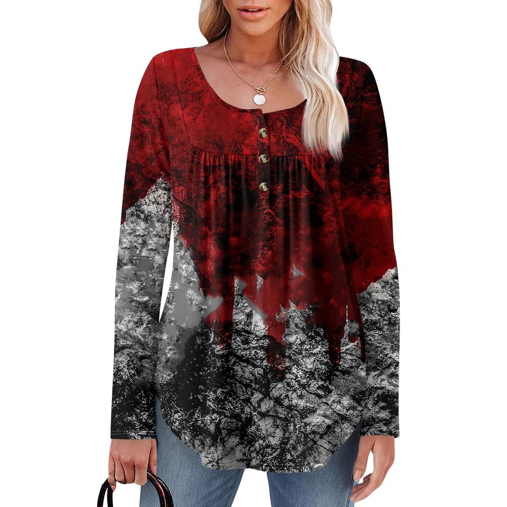 Женская туника с длинным рукавом, свободные топы, повседневные топы оверсайз, плиссированная туника, застегивающаяся на пуговицы, повседневные женские топы с принтом