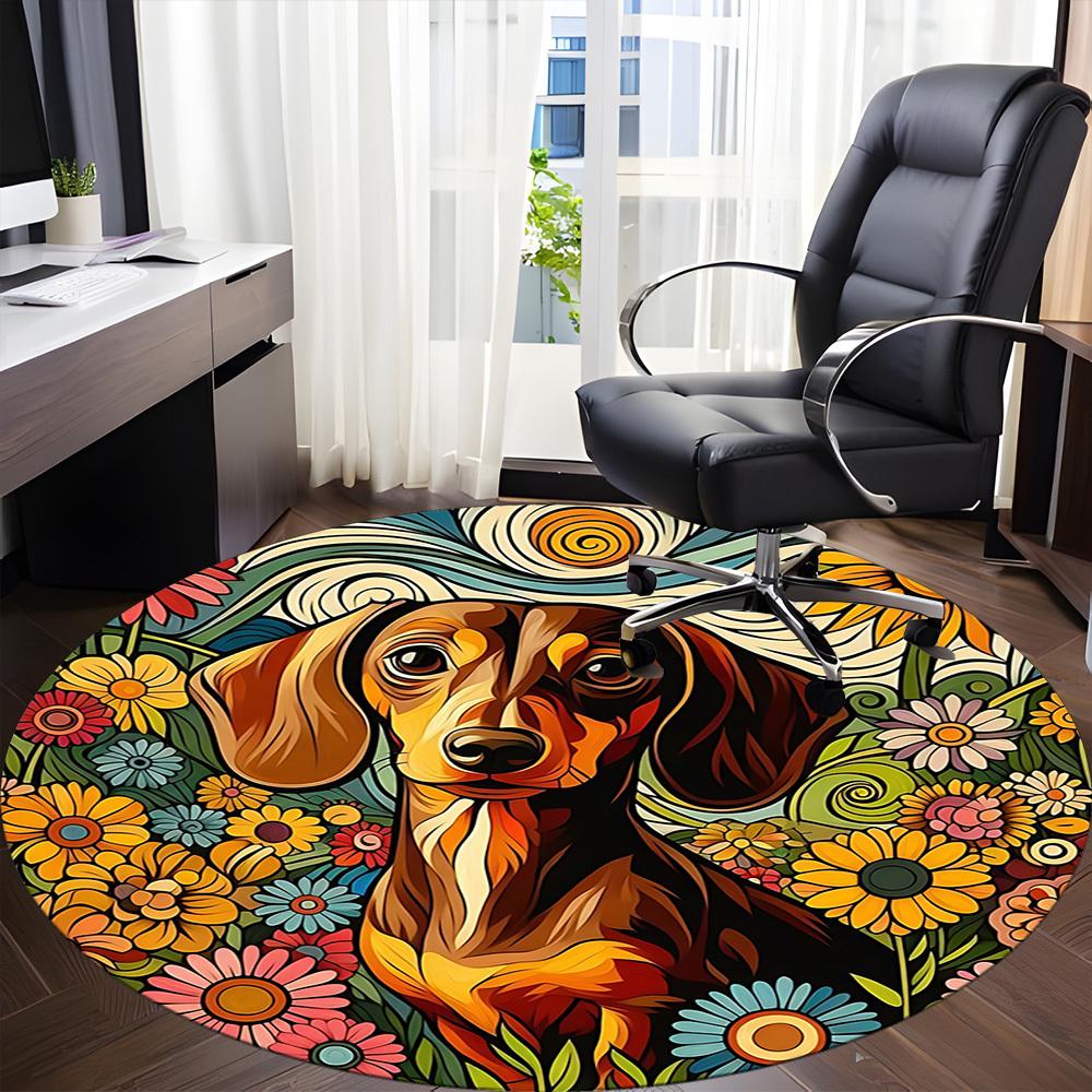 1pc Dachshund Flowers Office Round Rug, Non-slip, Soft and Durable Office Rug for Interior Decoration, Perfect for Office,Decoration yy260204016
