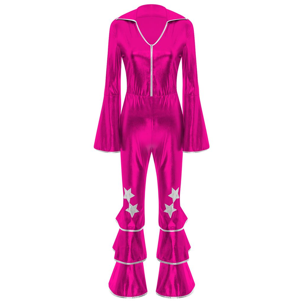 Womens 70s Retro Disco Long Sleeve Flared Jumpsuit Sparkle Costume