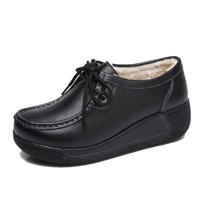 Genuine Leather Women Walking Shoes 5cm High Wedges Heels Shoes Lace-up Platform Shoes Loafers Mother Shoes