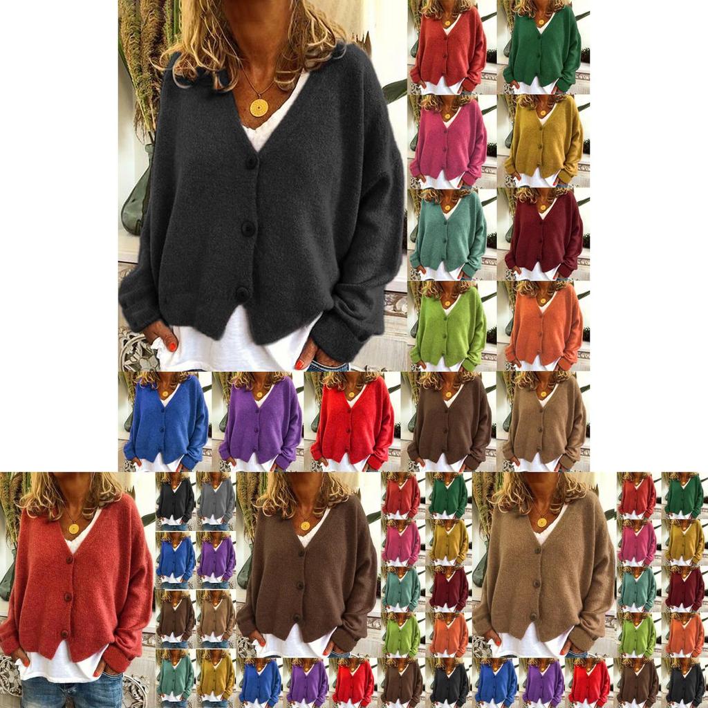 Knitted Womens Plain Coat Cardigan Ladies Button Loose Jumpers Sweater Size Plus