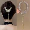 Lady Ponytail Claw Wings Shape Shiny Rhinestone Faux Pearl Long Tassel Multi Teeth Stainless Hair Decoration Lightweight Bridal Hair Bun Hair