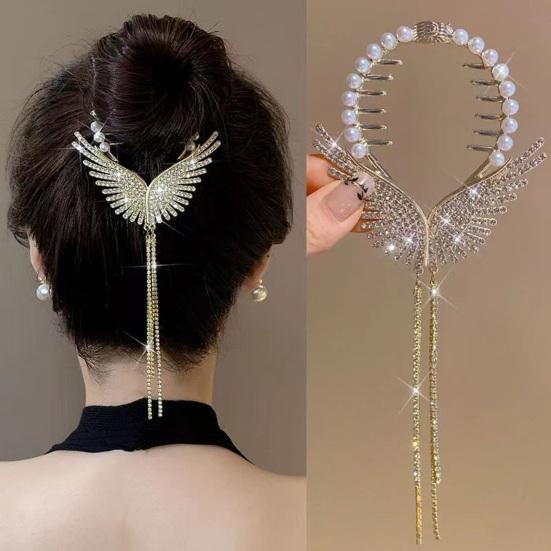 Lady Ponytail Claw Wings Shape Shiny Rhinestone Faux Pearl Long Tassel Multi Teeth Stainless Hair Decoration Lightweight Bridal Hair Bun Hair