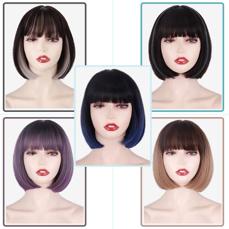 XINRAN Women Fashion Dark Blue Short Straight Bob Wig with Bangs Shoulder Length Synthetic Fiber Wig for Lolita Party Cosplay Daily Use
