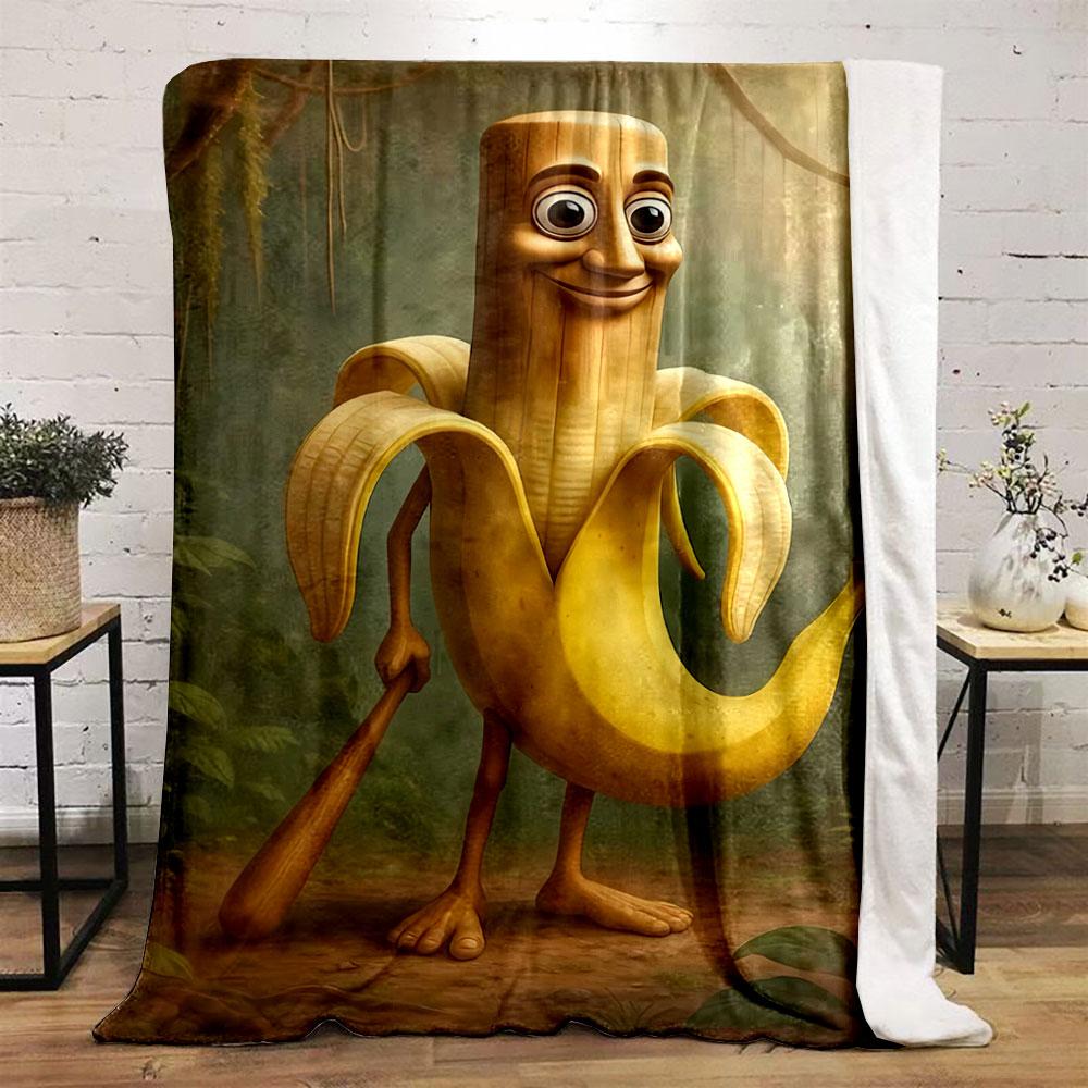 A humanoid banana holding a club in a jungle-like setting. for all seasons blanket lunch break throw gift