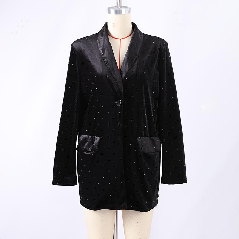 Velvet Diamond Decorated Black Blazer Woman Loose V-neck Suit Coat Fashion Casual Full Sleeve Solid Jacket Commute Spring Autumn
