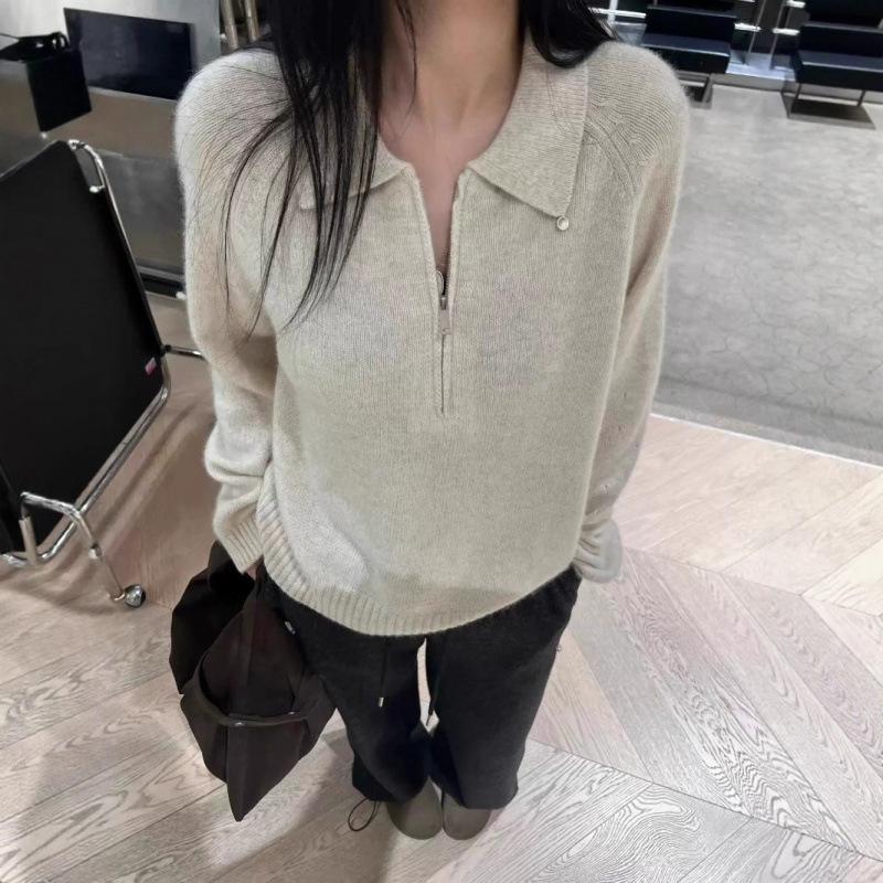 Женский пуловер Осень-Зима Женский Европейский Стиль Изысканные Пуговицы-Ракушки Отложной Воротник Длинный Рукав Премиальный Вязаный Свитер на Половину Молнии